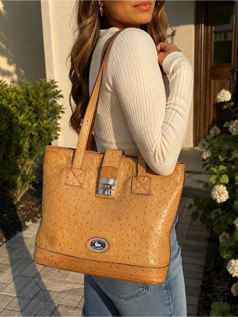 Dooney & Bourke Vintage Ostrich Leather Tote Tan A070700 Made USA Shoulder Bag
